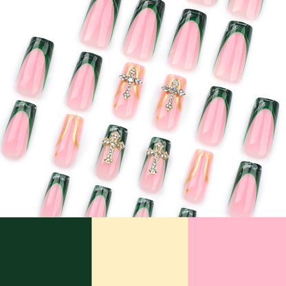 French Green Blooming Manicure Fake Nail Tip Nail Tip Gold Spot Drill Luxury Cross Wear Nail European and American Foreign Trade Nail Tip