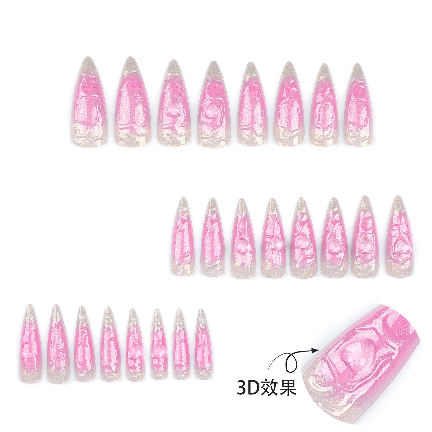 Wear a Nail Piece Wholesale3D Pink Love Fake Nails Super Long Pointed Manicure Cross-Border Hot Selling Nail Sticker