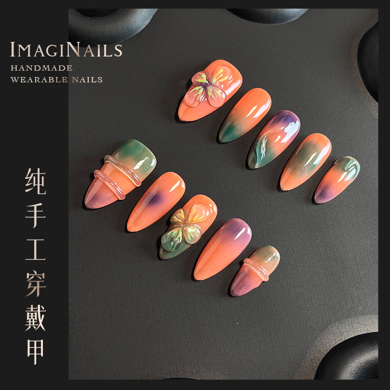 Hot Selling in Europe and America3D Three-Dimensional Carved Almond Nail Pure Hand-Worn Nail Piece