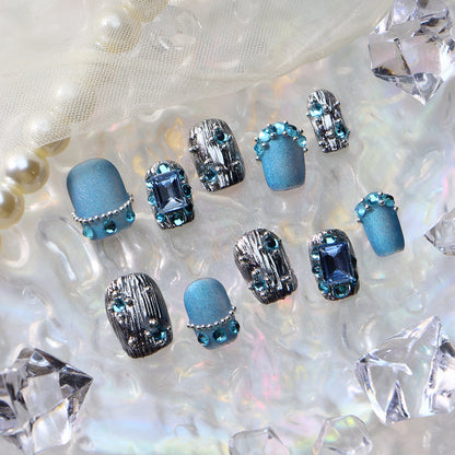 Hot Sale Nail Stickers European and American Colorful Crystals Light Luxury Pile Rhinestone Short Nail Finished Retro Heavy Industry Sapphire Hand-Worn Nail