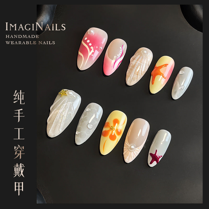 Hot Selling in Europe and America3D Three-Dimensional Carved Almond Nail Pure Hand-Worn Nail Piece