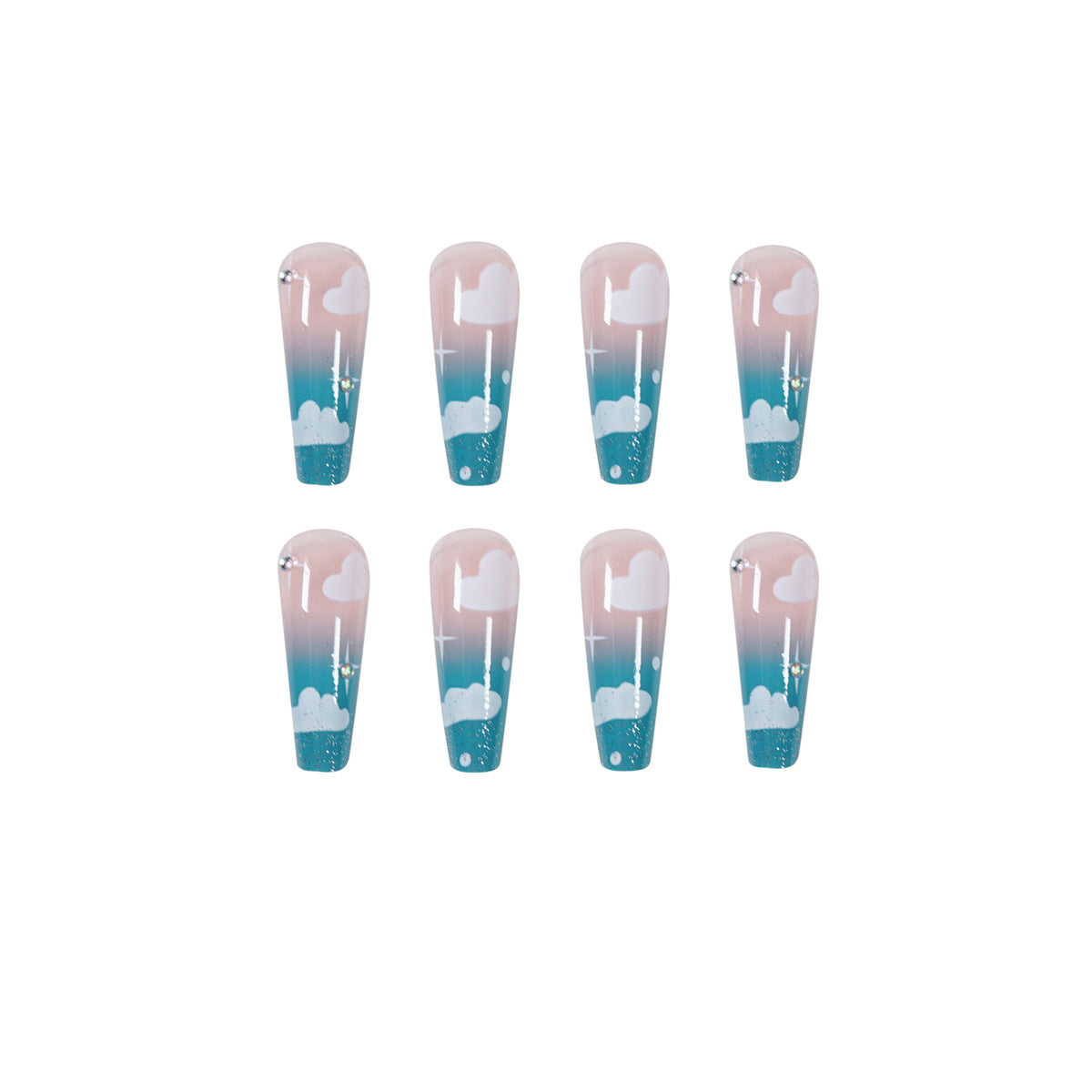 Sky Blue Clouds Gradient Rhinestone Wear Finished Nail Beauty Fake Nails Nail Stickers Nail Patch Detachable Foreign Trade