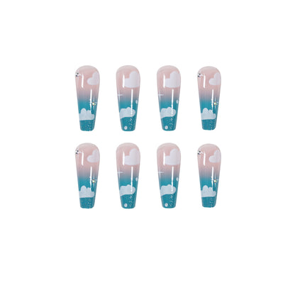 Sky Blue Clouds Gradient Rhinestone Wear Finished Nail Beauty Fake Nails Nail Stickers Nail Patch Detachable Foreign Trade