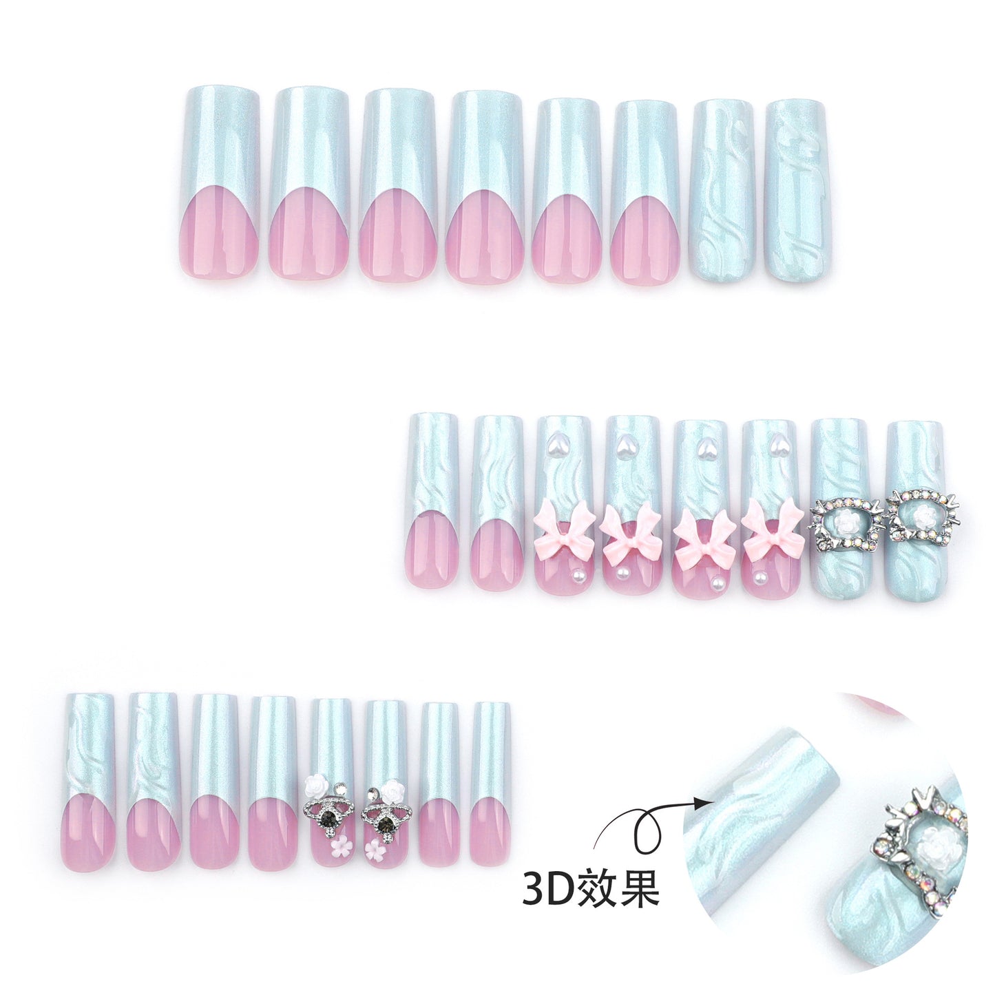 3D French Manicure Fake Nail Tip Nail Tip Three-Dimensional Pink Bow Wearing Nail Cat Spot Drill Removable Nail Tip Finished Product