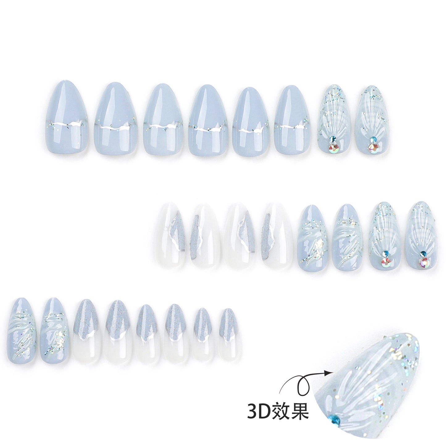 Cross-Border Hot Selling Wear Nail Polish Finished Products Wholesale Cold Color Pallete3D Water Drop Shell Nail Art Almond Fake Nails