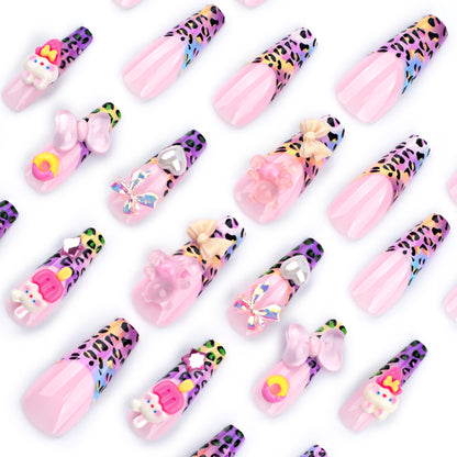 French Color Leopard Print Manicure Sweet Cute Three-Dimensional Bow Wear Nail Adorable Rabbit Love Nail Tip Finished Product Wholesale