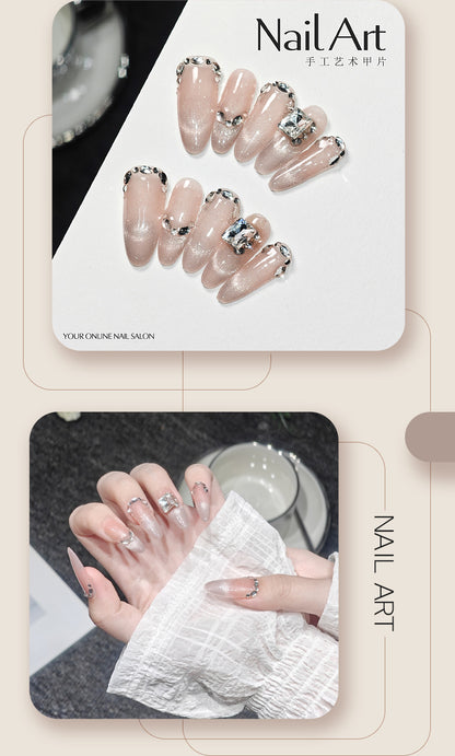 Handmade Wear Armor High-Grade Summer ins Wind Cat Eye Flashing Ice Transparent Almond Nail Hand Made Armor Fake Nails