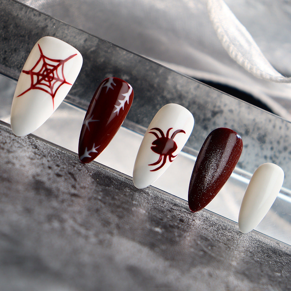 Ins Wind Rock Style Hand-Painted Nail Spider Web Red and White Nail Exclusive for Cross-Border Wholesale