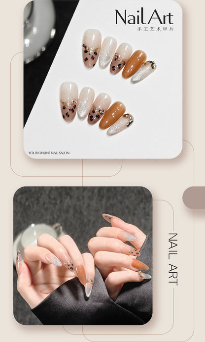 Handmade Wear Armor Summer Advanced Atmosphere Cat Eye French Leopard Print Nail Stickers Handmade Fake Nail Tip Wholesale