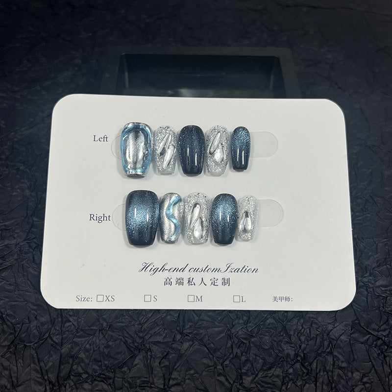 New Crystal Cat's Eye Wear Nail Short Finished Product Nail Stickers Foreign Trade European and American Style Handmade Wear Nail Wholesale