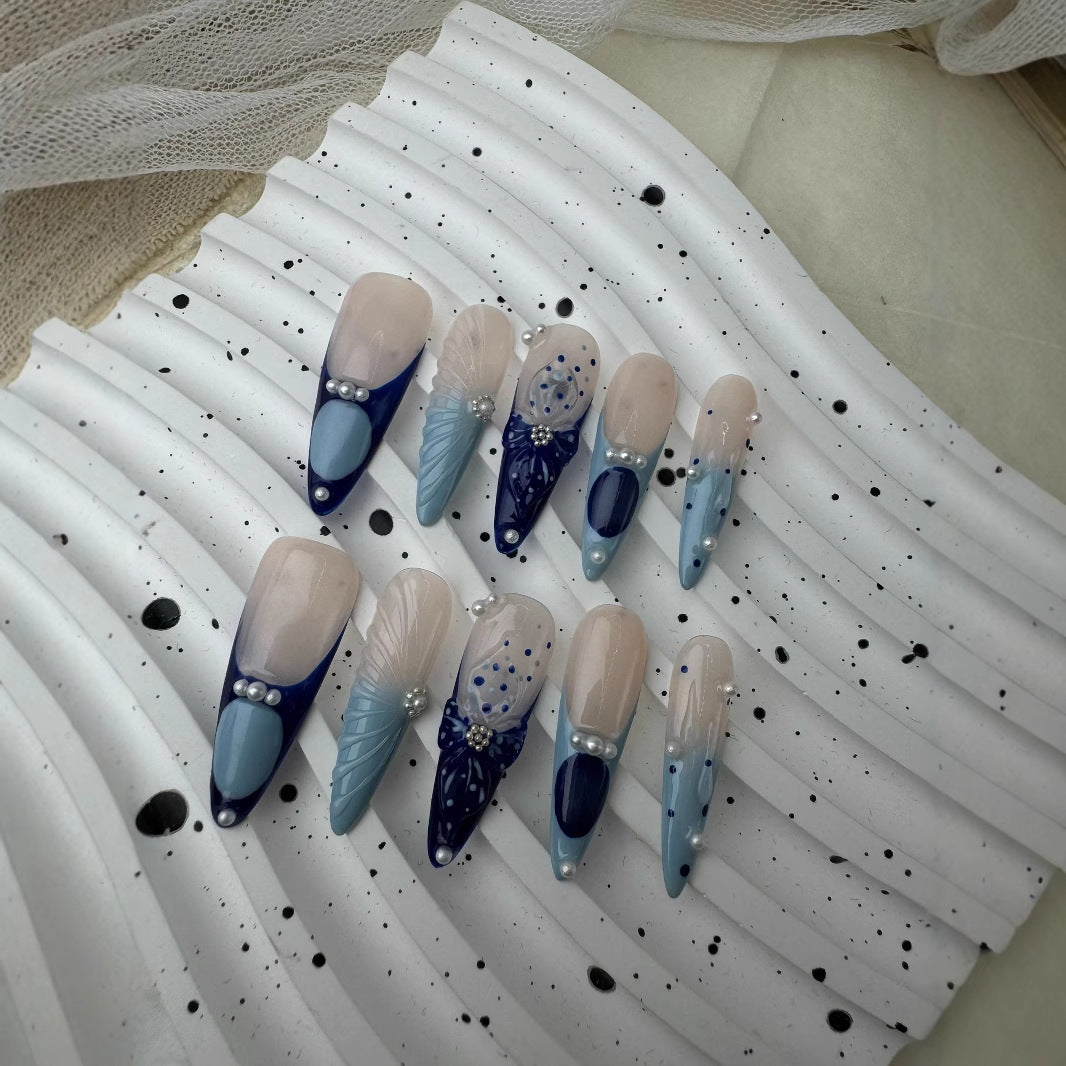 Cross-Border Europe and America ins Mid-Length Pointed French Pearl Spot Drill Bow Blue Ocean Style Handmade Wear Armor