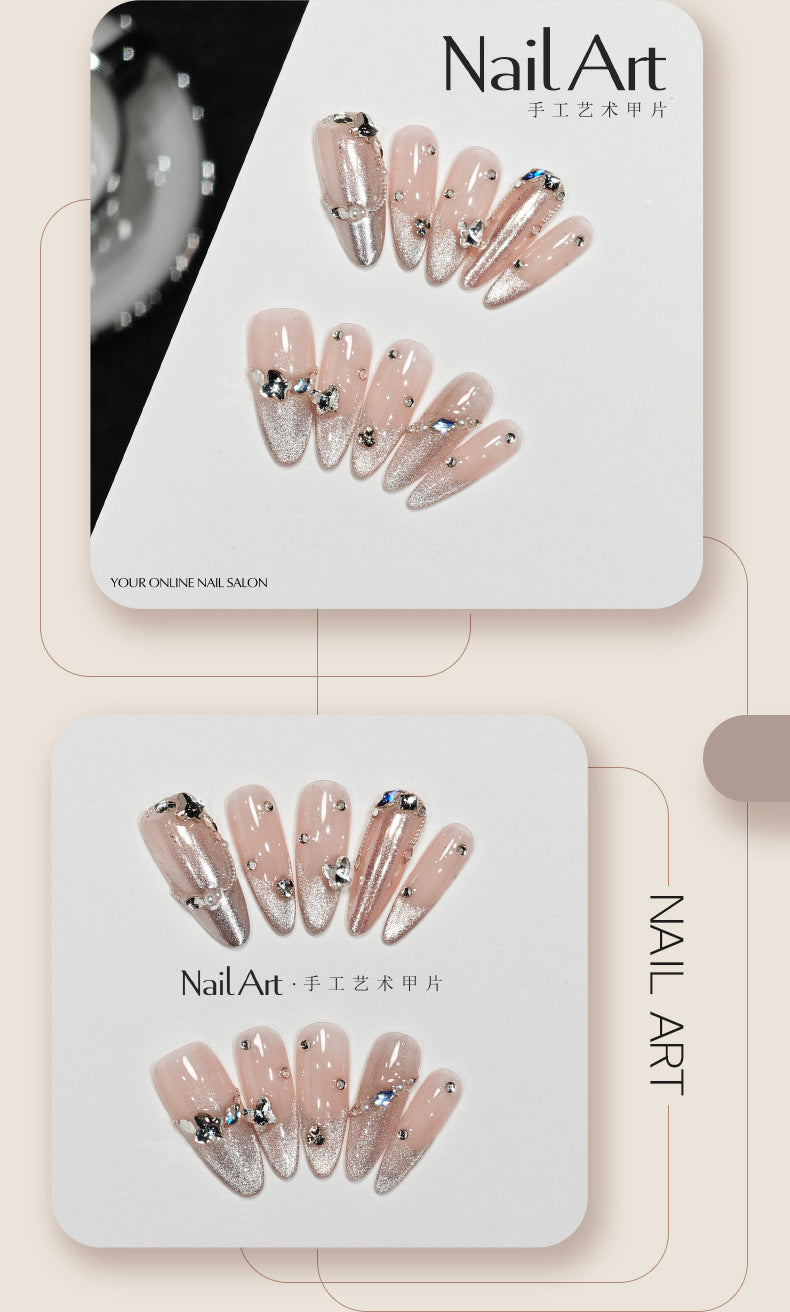 Handmade Wear Armor High Sense Autumn and Winter Cat Eyes White Cute Butterfly Nail Stickers Handmade Fake Nail Tip