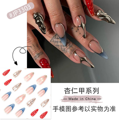 Half-Handmade Metallic Manicure French Wear Nail Polish Red Solid Color Nail Patch3D Nail Tip Finished Product Wholesale