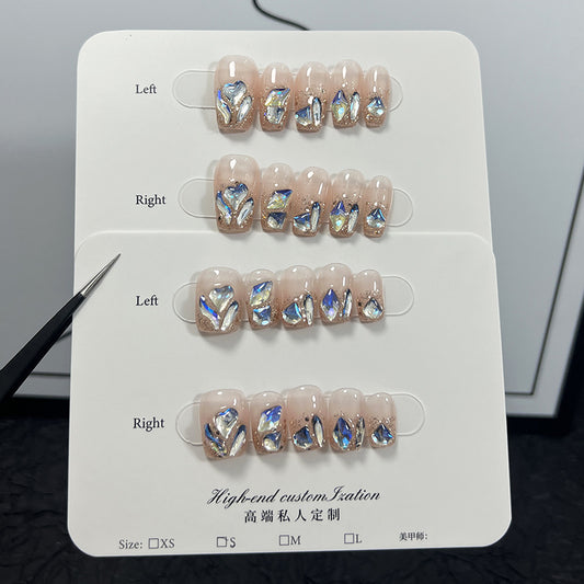 Summer Fresh Moonlight Blue Light Diamond Short Nail Stickers Detachable Fake Nails Handmade Wear Armor Wholesale