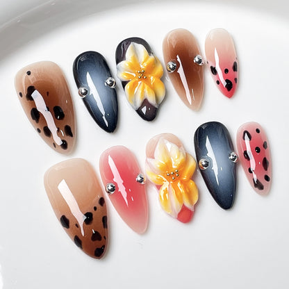 【Dyed Nail】Hand-Worn Armor3D Three-Dimensional Carved Sexy Leopard Blush Nail Cross-Border European and American Hot Girl Almond Nail