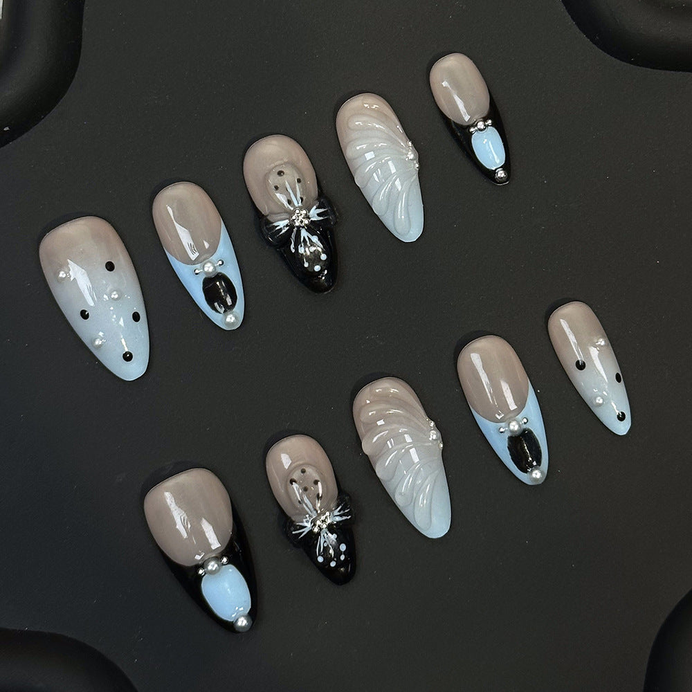 New European and American Handmade Wear Nail Stickers Three-Dimensional Carved Epoxy French Almond Nail Popular Cross-Border Fake Nails