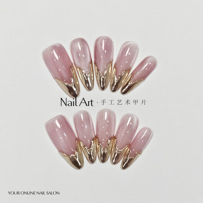 Handmade Wear Armor High-Grade Cat Eye Magic Mirror French Style Old Money Style Nail Stickers Handmade Fake Nail Tip Wholesale