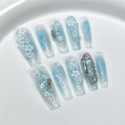 Handmade Wear Armor Ocean Blue Blooming Flash Long Nail Stickers Small Flower Spring and Summer New Wearable Nail Sticker