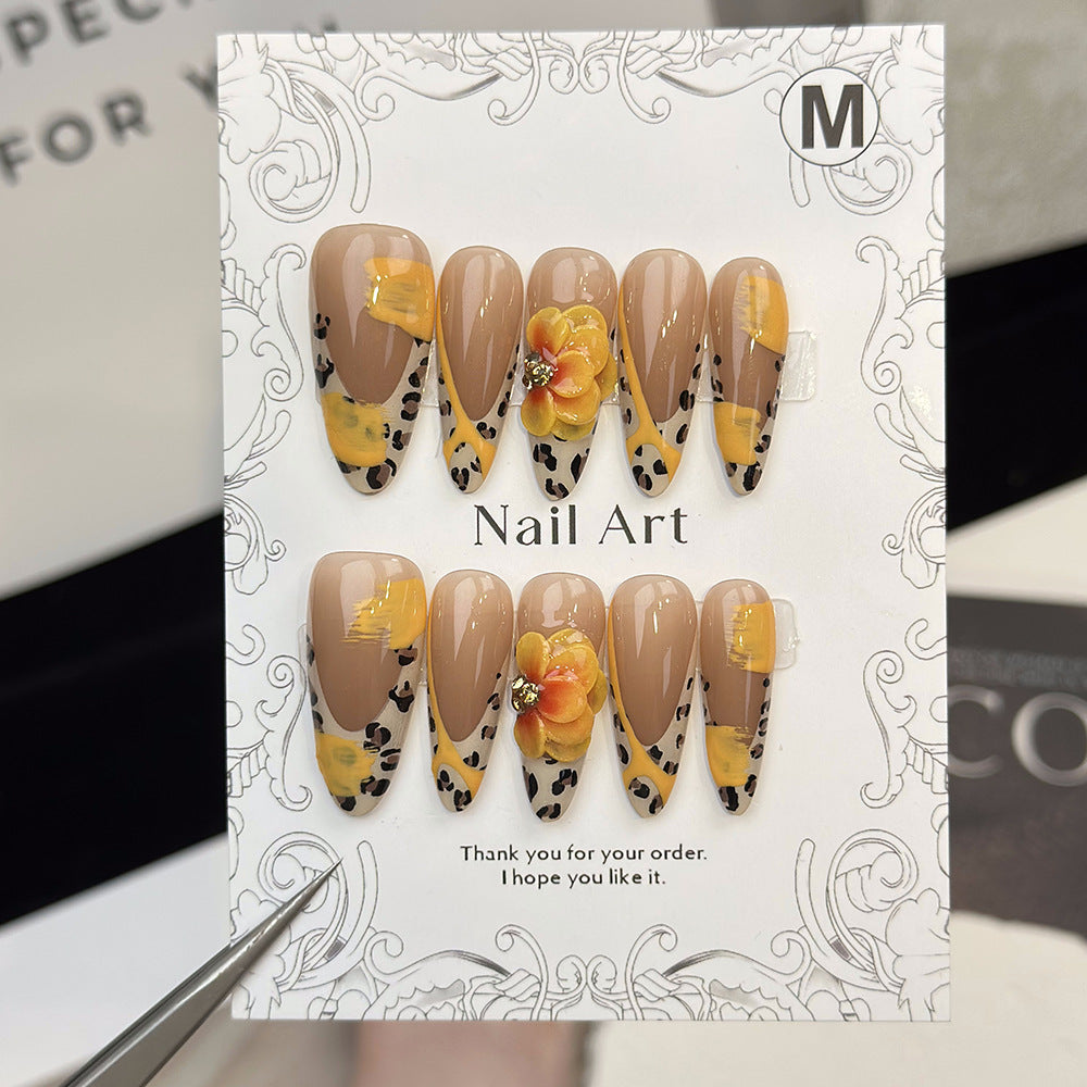 Europe and America Cross Border Nail Art3D Three-Dimensional Pinch Brown Leopard Print Deep Nude Color French Fake Nails Nail Stickers Detachable