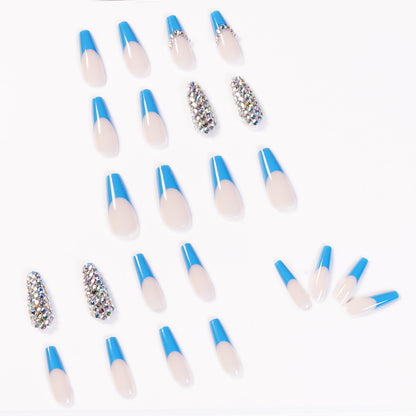 Blue French Full Diamond presson nail Wear Finished Nail Beauty Fake Nails Detachable Nail Stickers Exclusive for Cross-Border