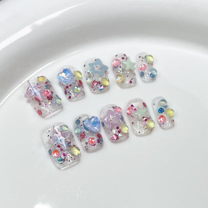 Summer Fresh Ice Transparent Handmade Wear Armor Flash Cute Short Nail Stickers Wearable Nail Sticker Wholesale