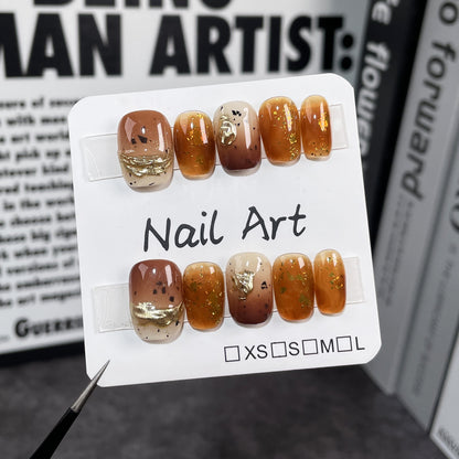 Maillard Style Short Nail Art Amber Blooming Spray Gun Gradient Handmade Wear Nail Wholesale Wearable Nail Sticker