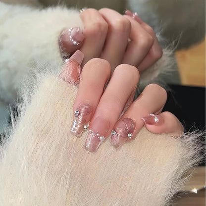 Xiaohongshu Same Style Ribbon Handmade Wear Nail Hand Painted Pearl Cat Eye Fall/Winter Hot-Selling White Finished Nail Beauty