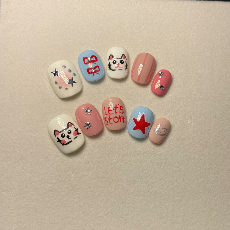 Handmade Wear Nail Cute Hand Painted Hello Kitty Short round Bean Nail Girl Cartoon Hand Painted kitty Nail stickers