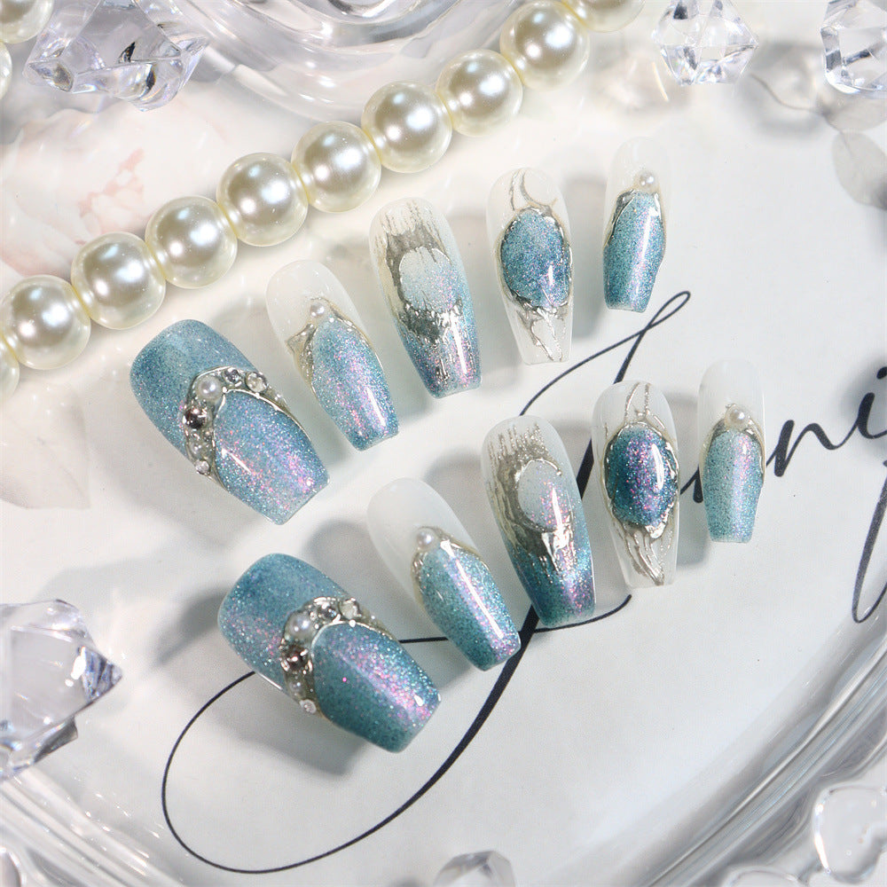 Handmade Wear Armor Summer Blue Island Pearl Holiday Nail Beauty UV Finished Product Thin and Glittering Texture Nail Stickers