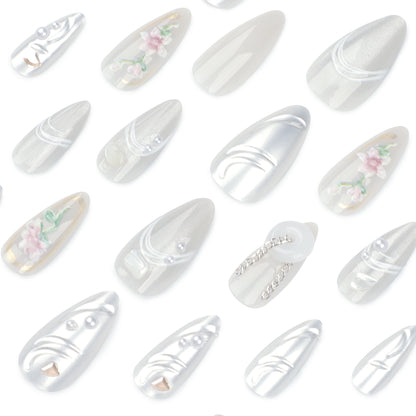 Summer fresh ins Wear Armor3D Magic Mirror Effect Powder Nail Art Short Almond Flower Fake Nails Repeatable Nail Tip