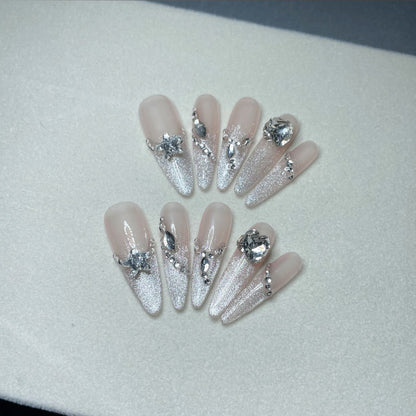 Ice Transparent Gradient Thin and Glittering Cat's Eye Fresh Carbink Pink Apricot Cloud Yarn Long Almond Wear Nail Tip Nail Pure Desire Style Nail Sticker