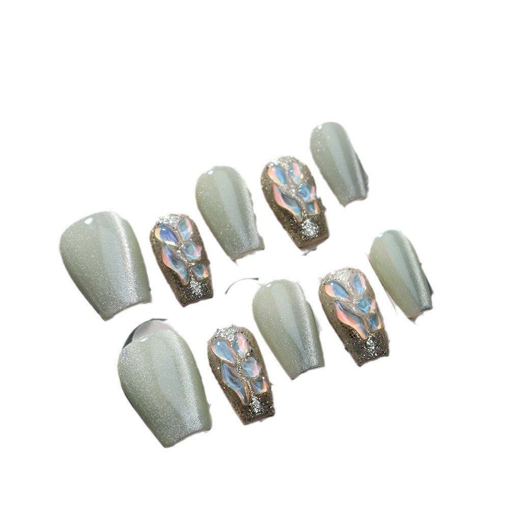 Summer Nail Jelly Green Cat Eye Color Jumping Handmade Wear Nail Jasmine Green Phototherapy Nail Stickers Finished Product Wholesale