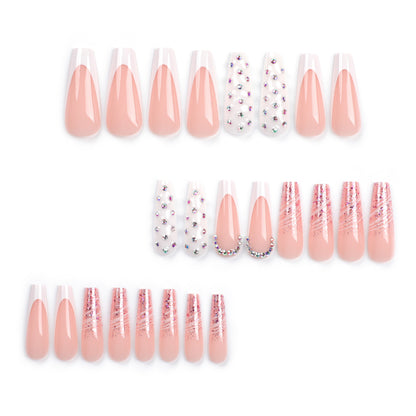 New French Style White Edge Sequins Manicure Full Diamond Diamond-Embedded Wear Nail Polish Piece White Curve Line Nail Sticker Wholesale