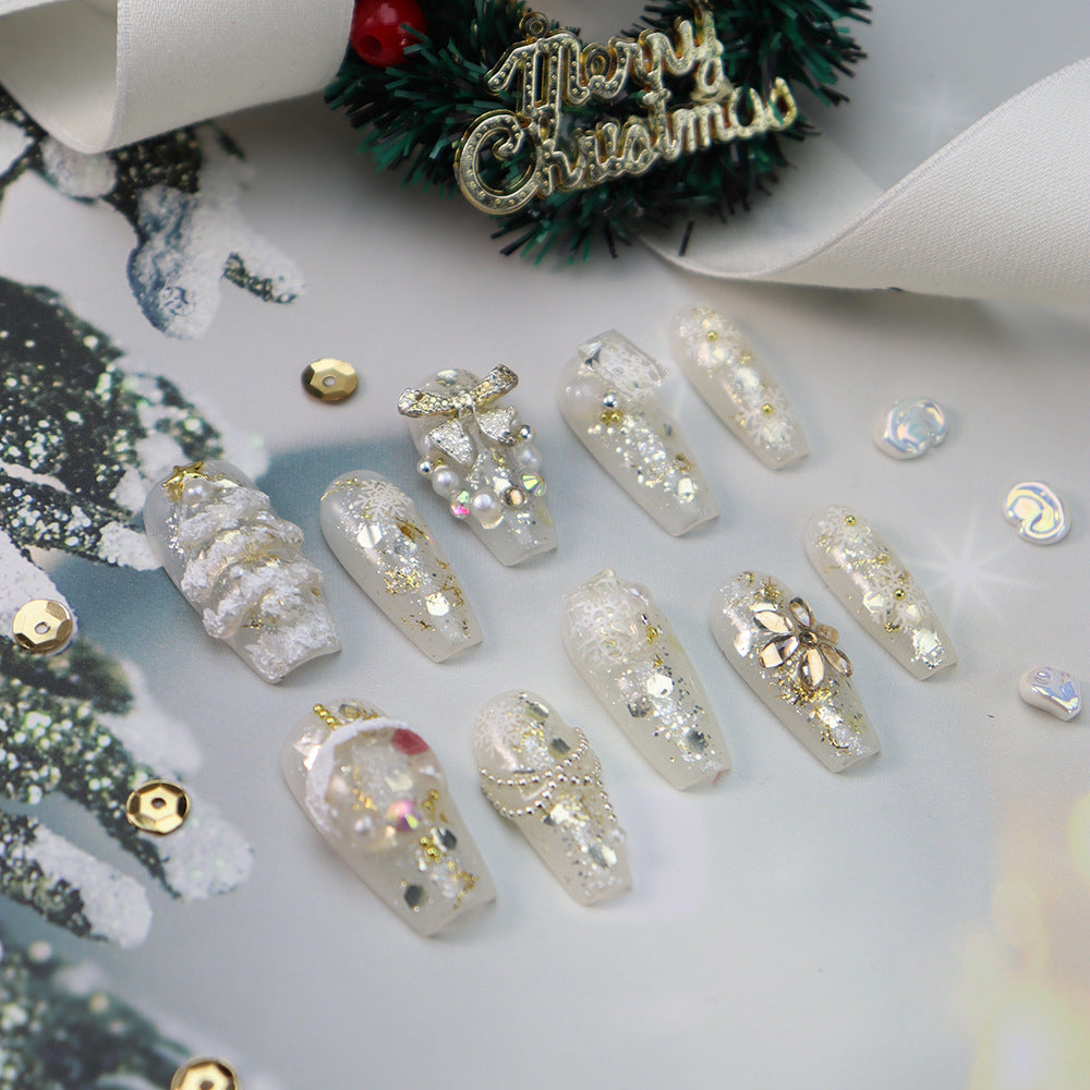 Popular Handmade Manicure Wear Nail Christmas Style Champagne Gold Three-Dimensional Bead Necklace Christmas Tree Nail Patch Wholesale