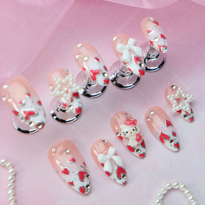 Popular Wear Armor Handmade Advanced Handmade Almond-Shaped Cartoon Cat Bow Love Smudges Nail Stickers10Piece Pack