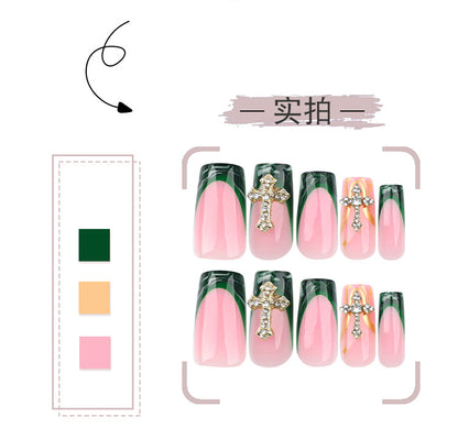 French Green Blooming Manicure Fake Nail Tip Nail Tip Gold Spot Drill Luxury Cross Wear Nail European and American Foreign Trade Nail Tip