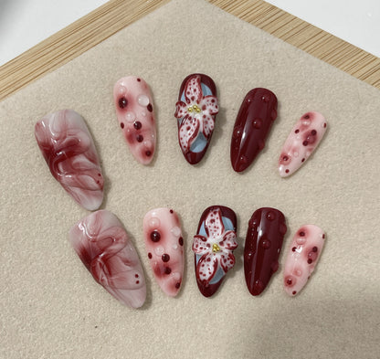 Hot Selling European and American Blooming Hand-Painted Three-Dimensional Carved White High-Grade Mid-Length Manicure Wear Nail Handmade Summer