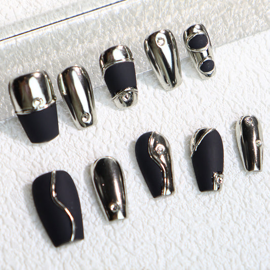 European and American Rock Matte Black Metal Wear Nail Three-Dimensional Lines Handmade Short Ladder Nail Stickers Wholesale