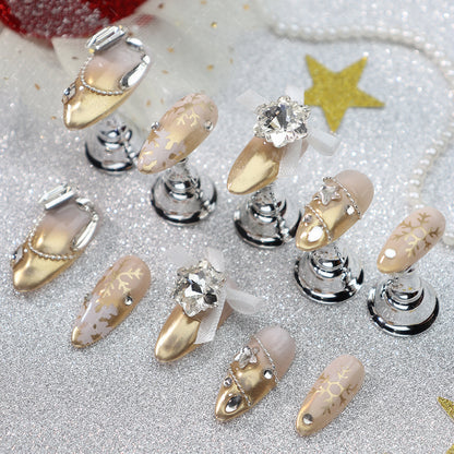 Christmas Blooming Gradient Wear Armor Champagne Gold Fashion Adult Lady like Woman Affordable Luxury Style Zircon Pile Beads Snowflake Almond Nail Stickers