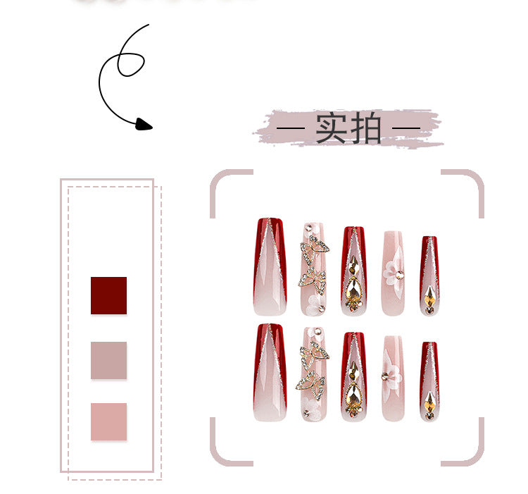 Ultra-Long Square Wear Armor Gold Three-Dimensional Butterfly Rhinestone Manicure Red French Removable Fake Nails Nail Tip