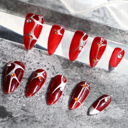 European and American Style Y2K Almond-Shaped Blood Red Wearing Armor Halloween Hand Painted Flame Nail Stickers Plastic Wholesale