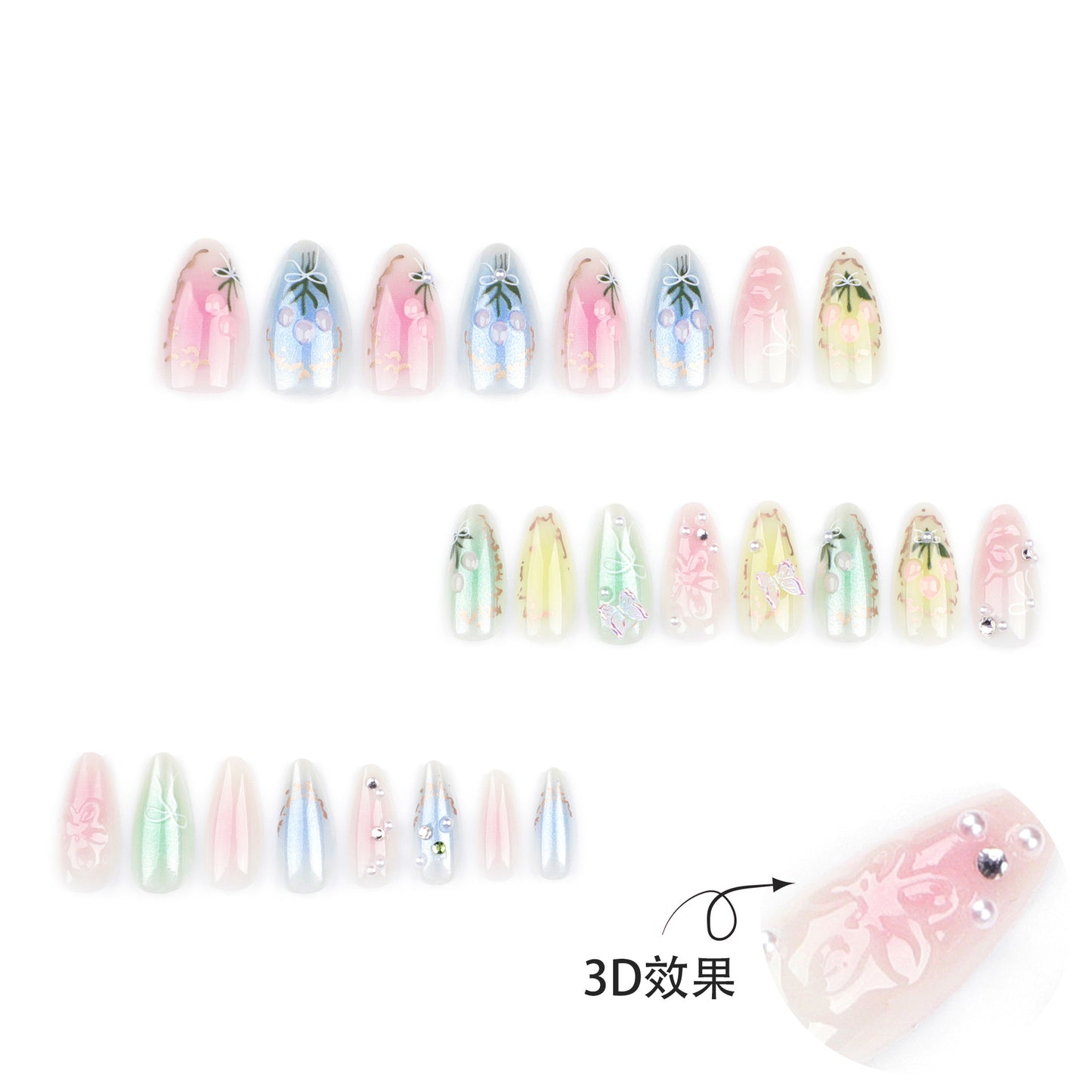 Summer Little Fresh Flower Wear Manicure Butterfly Blooming Fake Nails Short Almond Type Nail Tip Wear Nail Wholesale