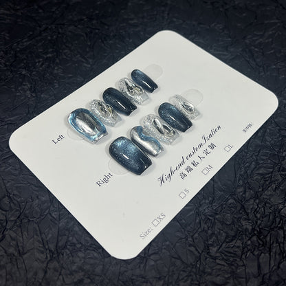 New Crystal Cat's Eye Wear Nail Short Finished Product Nail Stickers Foreign Trade European and American Style Handmade Wear Nail Wholesale