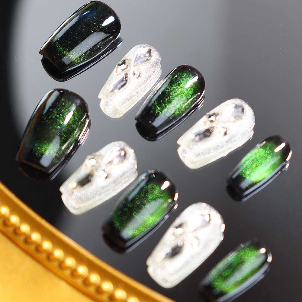 Senior Emperor Green Cat Eye Wear Nail Firefly with Diamond Simple Fashion Manicure European and American Green Phantom Quartz Handmade Manicure