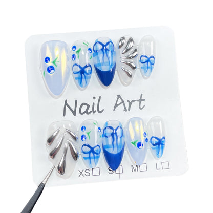 【Dyed Nail】Handmade Wear Armor Blue Hand Painted Cherry Europe and America Cross Border Summer Ice Transparent Wear Fake Nails Wholesale