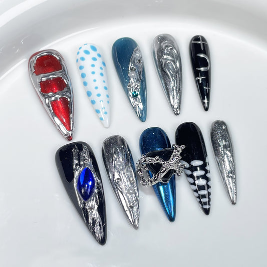 European and American Long Pointed Handmade Wear Nail Sweet Cool Hot Girl Heavy Industry Metal Relief Long Nail Stickers Fake Nails Wholesale