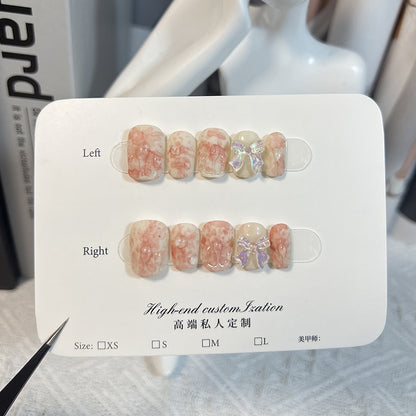 Watercolor Blooming Sweet Cute Bow Short Nail Stickers Fake Nails Fresh Handmade Wear Nail Wholesale