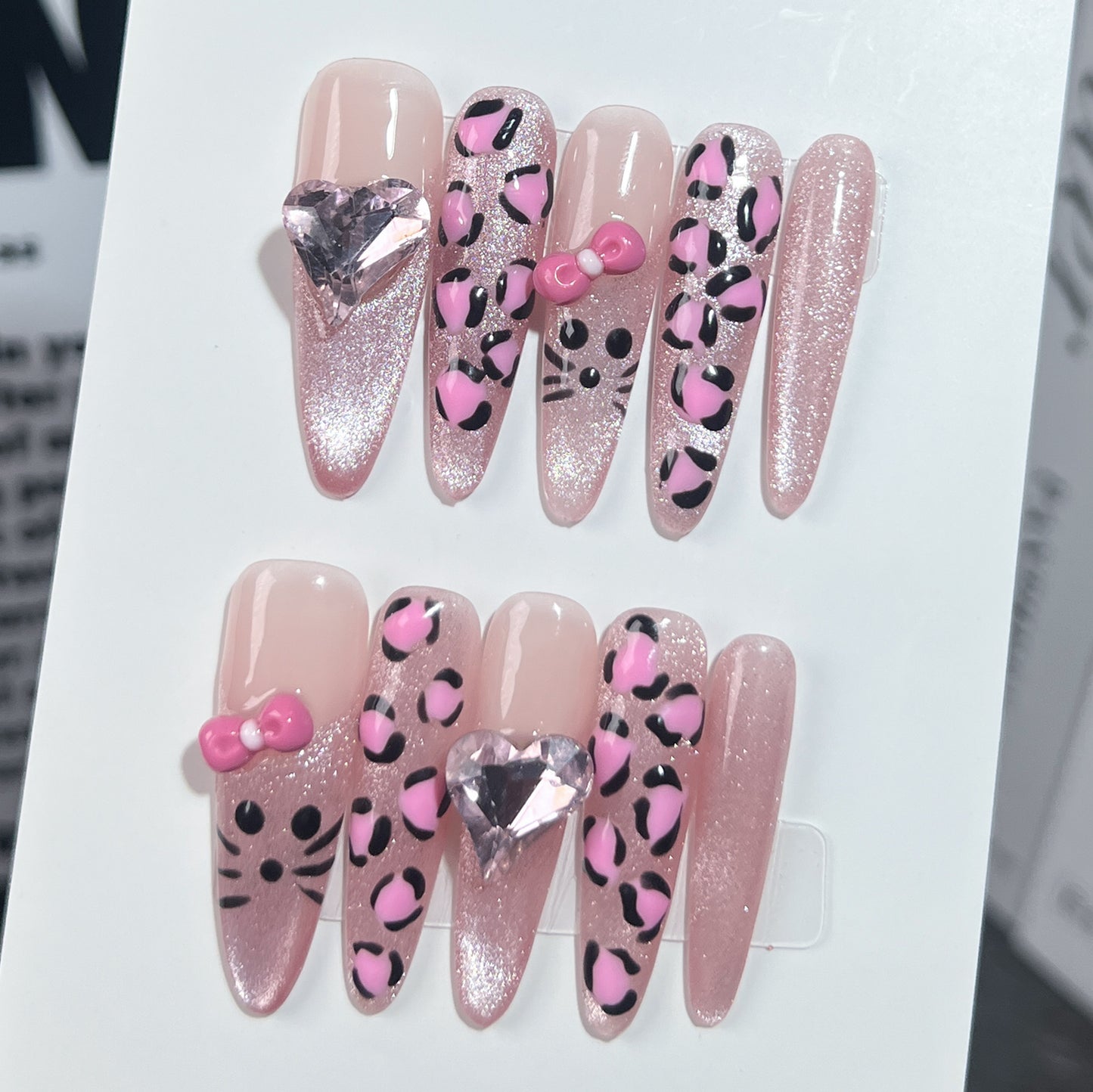 【Dyed Nail】Handmade Wear Nail Pink Leopard Cat Creative Cute Cartoon Sweet Girl Bow Manicure