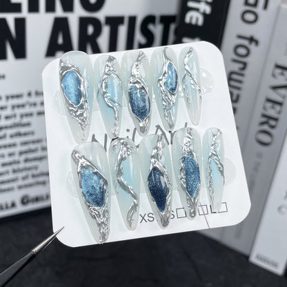 European and American Hot Girl Hand-Wear Armor Ocean Blue Cat Eye Metal Liquid Mid-Length Nail Stickers Long Tip Fake Nails