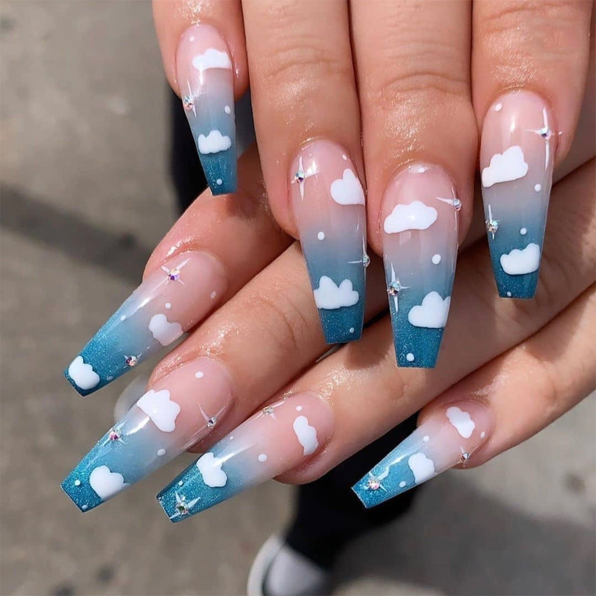 Sky Blue Clouds Gradient Rhinestone Wear Finished Nail Beauty Fake Nails Nail Stickers Nail Patch Detachable Foreign Trade